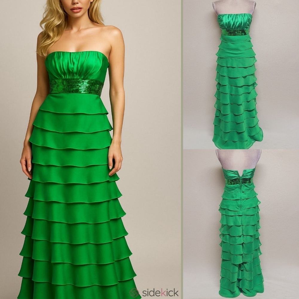 Masquerade Green Chiffon Sequin Strapless Empire Waist Tiered Ruffle Maxi Dress